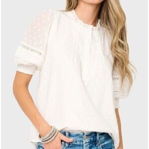 GIBSONLOOK Dianthus Henley Puff Sleeve Pleated Blouse White Dot Women Size Small